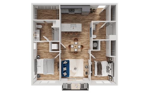 Floor plan for 2 beds, 2 baths, 956 sqft